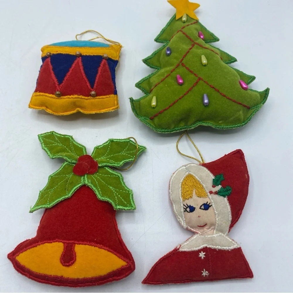 Vintage Felt handmade Christmas Ornaments Lot 8 Elf Tree Horn Drum Bear Bell